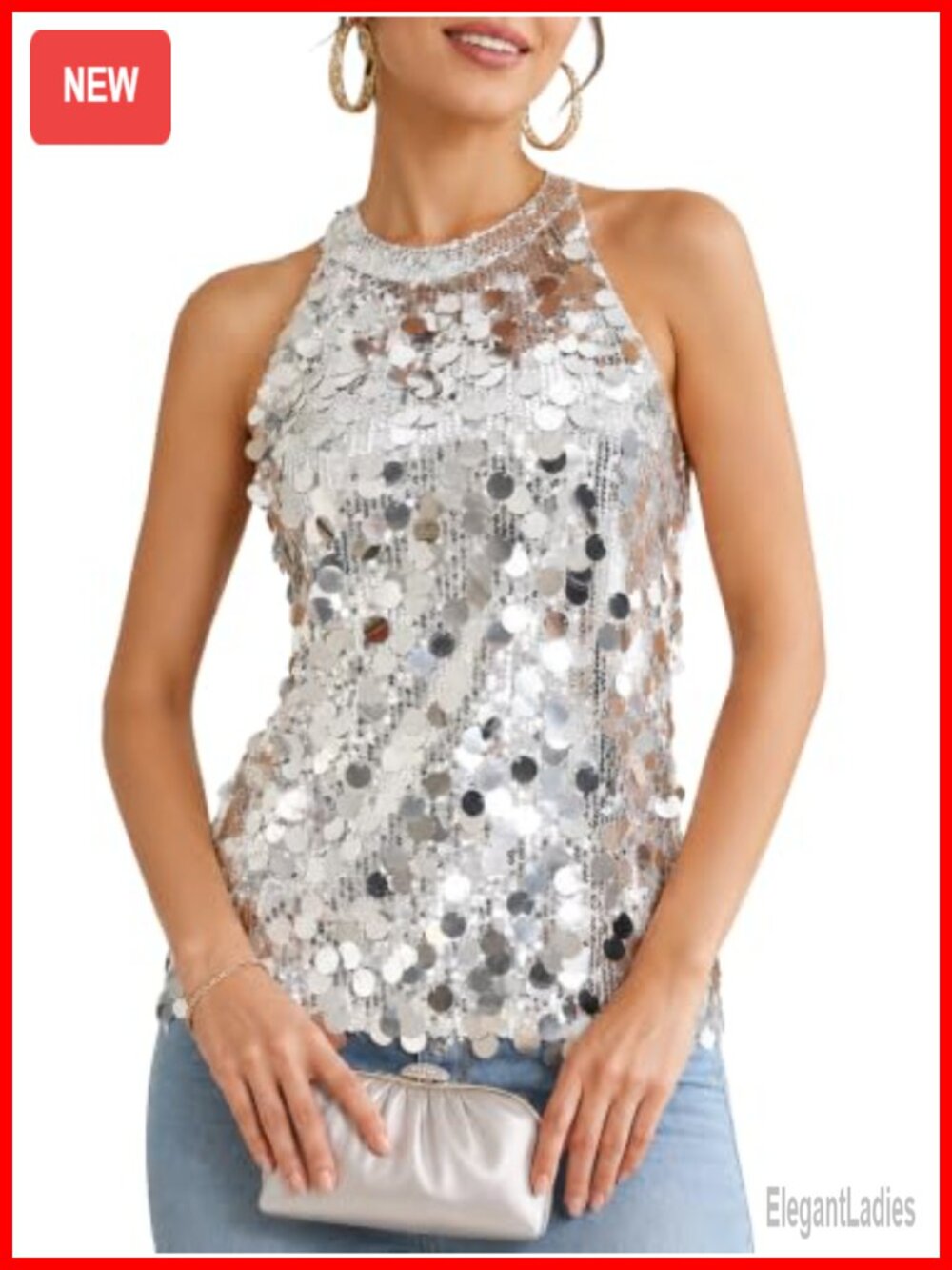 Sequin Halter Tank Top Sleeveless Sparkly Party Concert